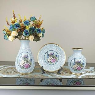 高档居创意结婚礼物家摆装设花复古陶瓷瓶客厅三件套酒柜饰品摆件