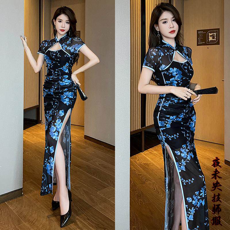 复古旗袍连衣裙长款晚礼服性感夜场上班衣服柔式沐足浴技师服