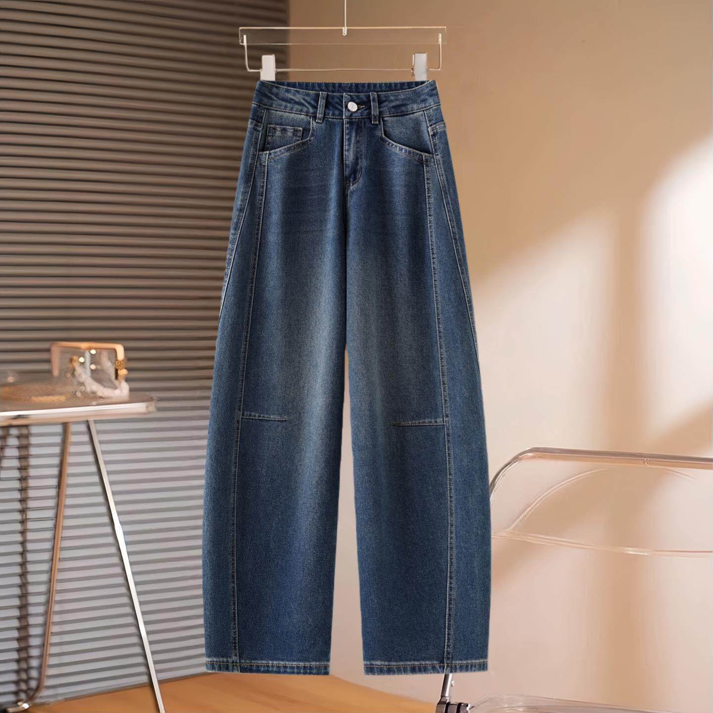 潮流小个子窄版休闲弯刀牛仔裤女春季新款高腰宽松显瘦阔腿长裤