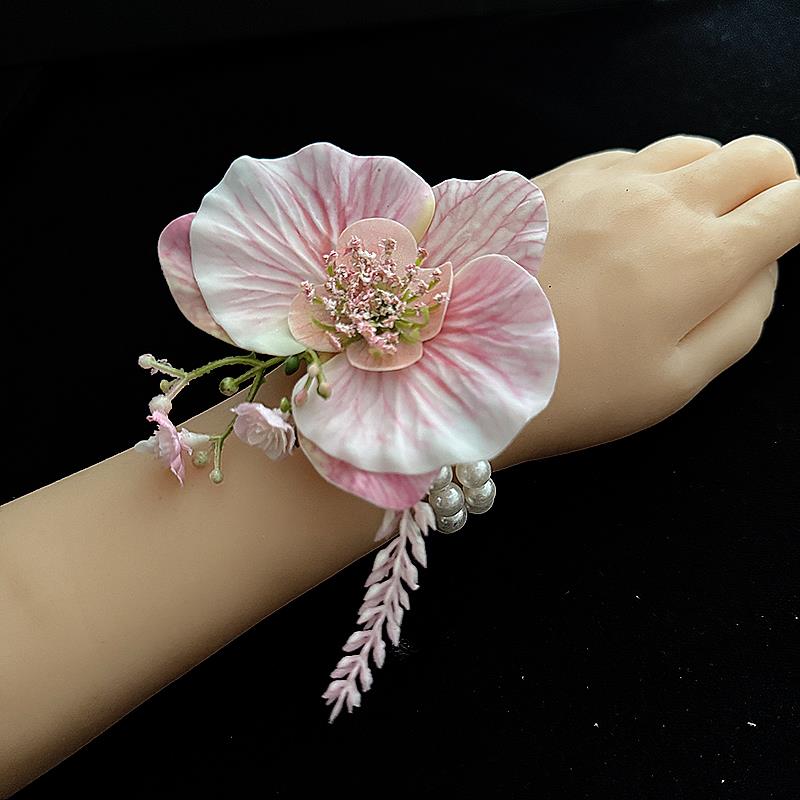 森系甜美粉色蝴蝶兰伴娘手腕花姐妹团手花手环新娘结婚手腕花