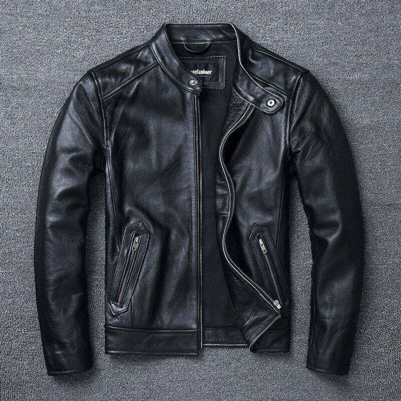 高端头层牛皮外套春秋季加棉真皮皮衣修身立领夹克大尺码机车服高