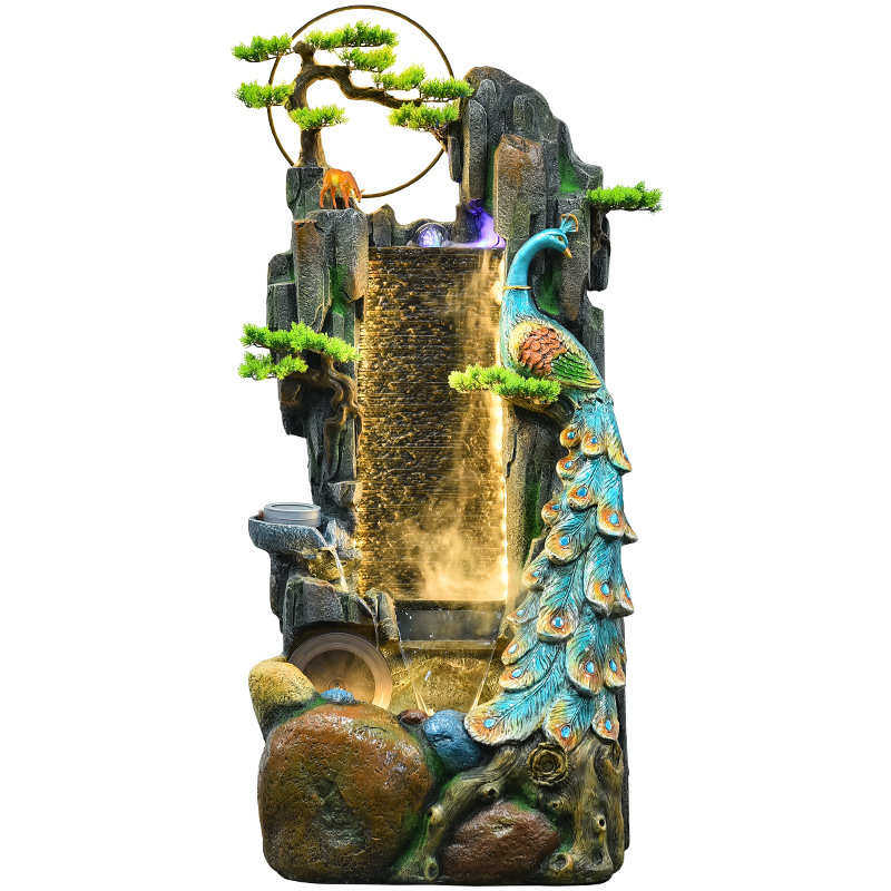 新中式孔雀假山鱼池景观流水生财摆件办公室客厅玄关造景简约装饰