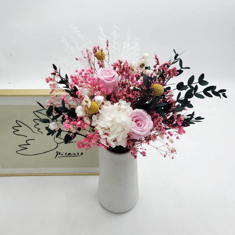 永生玫瑰尤加利叶干花花束网红摆件真花满天星绣球客厅家居装饰