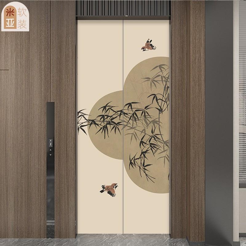 新中式电梯门贴纸国风复古风燕竹玄关入户自粘翻新背景装饰画定制图片