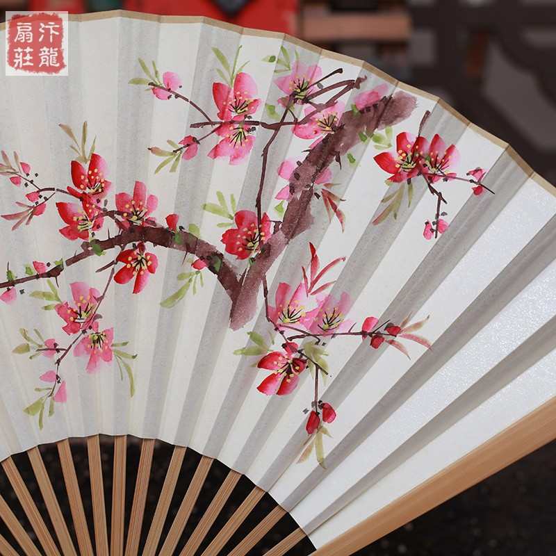 折扇男士9寸玉竹手绘宣纸文艺扇子古风女中国风花卉工艺礼品扇