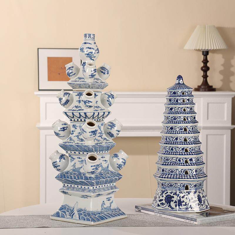 景德镇陶瓷雕塑宝塔青花瓷花器室内落地装饰插花塔中式文昌塔摆件