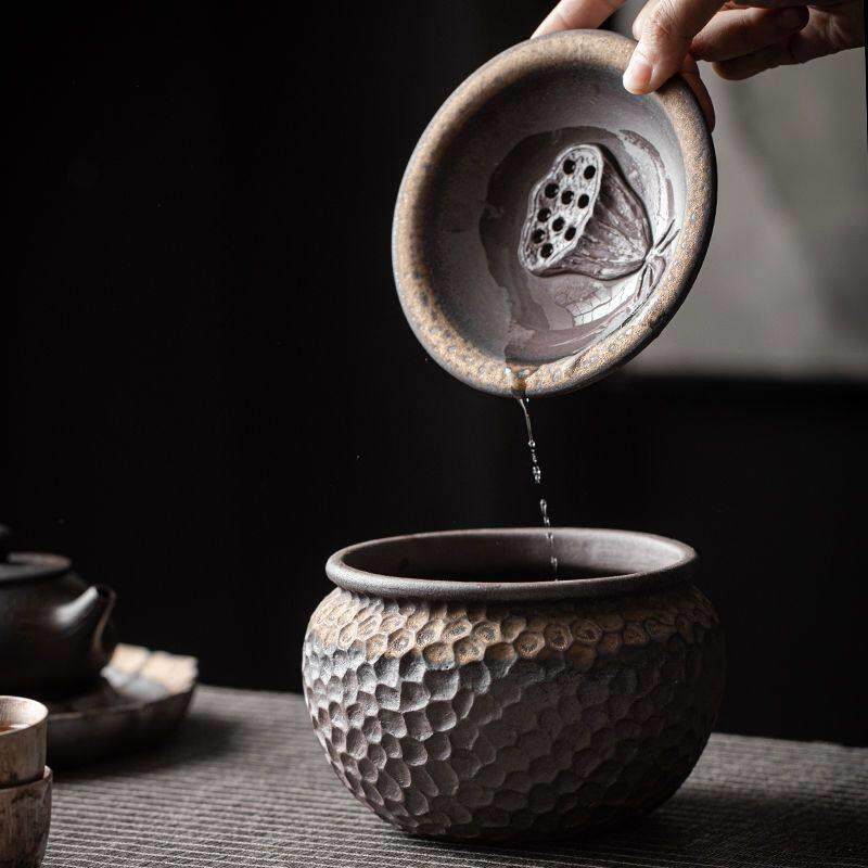 陶瓷粗陶带盖子茶渣缸家用桌面功夫茶具茶道配件茶洗废茶水桶水盂