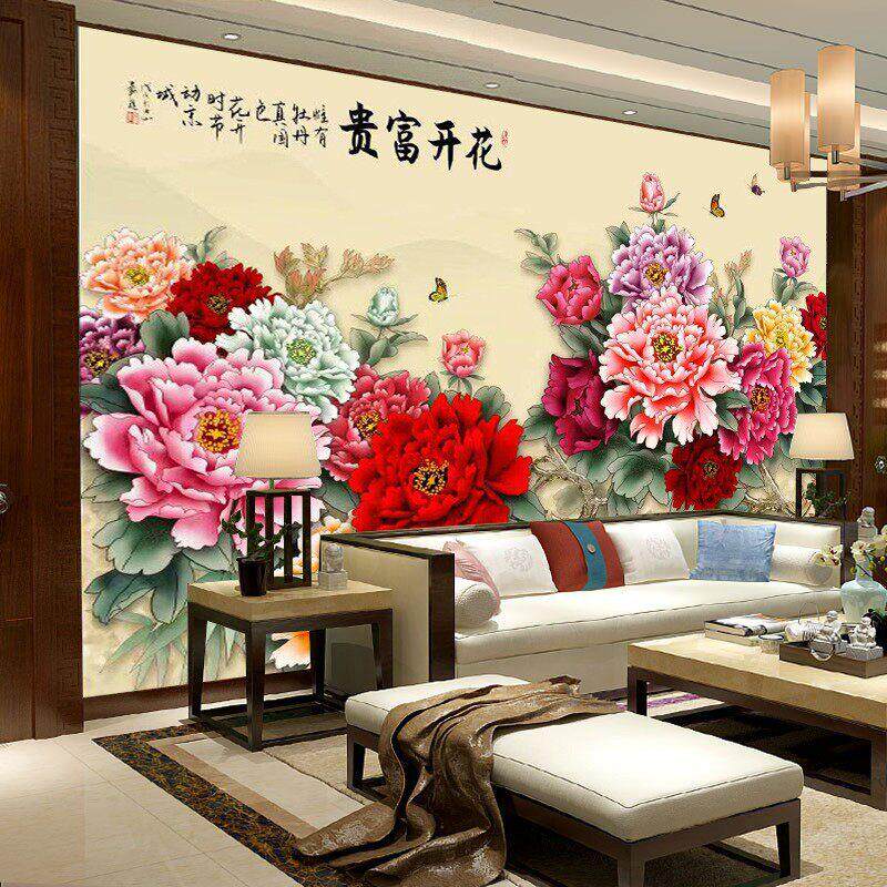花开富贵新中式壁纸国画花鸟墙纸客客厅电视背景墙牡丹花装饰壁布