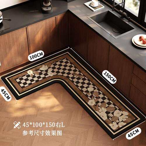 中古风厨房地垫L型防滑防油可擦免洗7字型脚垫吸水吸油耐脏地毯垫