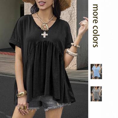 Womens Summer Peplum Tops Oversized Babydoll Short Sleeve V