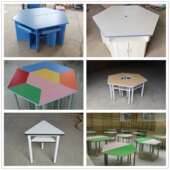 六教边形桌六实角桌校学学生拼接桌验桌智慧室课桌椅6330实木组合