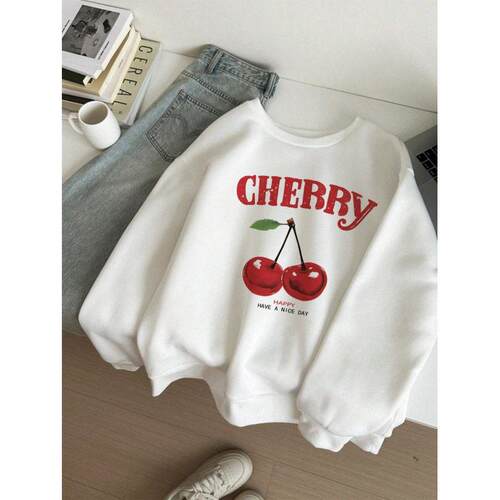 Women's Letter Print Cherry Pattern Loose-Fit Round Neck