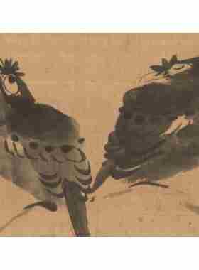 清 朱耷 湖石聚禽图立轴八大山人水墨写意字画高清微喷复制装饰画