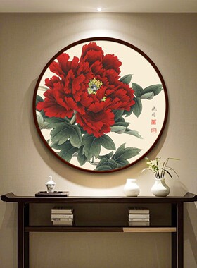 牡丹花挂画客厅装饰画卧室床头背景圆形中式壁画国色天香花开富贵