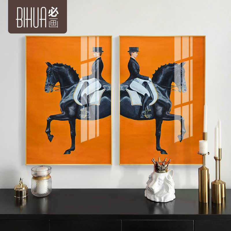 北欧橙色马大气办公室装饰画客厅画餐厅墙画走道玄关挂画黑马骑士图片