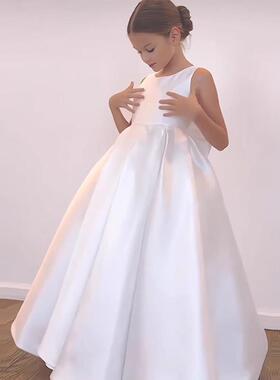 儿童礼服公主裙花童白色轻奢婚纱高端女童生日小主持人钢琴演出服