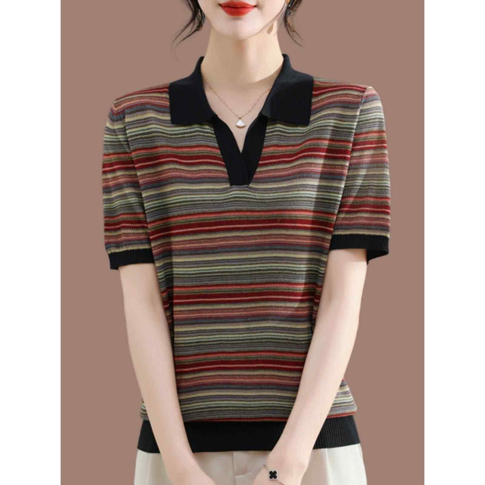 2025新款polo翻领彩条纹短袖t恤女夏装桑蚕丝大码上衣妈妈针织衫