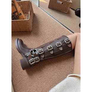 （旺仔是条狗）复古皮带扣～粗跟西部牛仔靴中筒骑士靴女真皮长靴