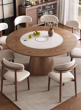 新款约中古实木圆形餐桌内暖菜转盘电磁用炉一体简家F23嵌白蜡木