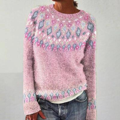 Sweater women's round neck color blocked pullover knitted
