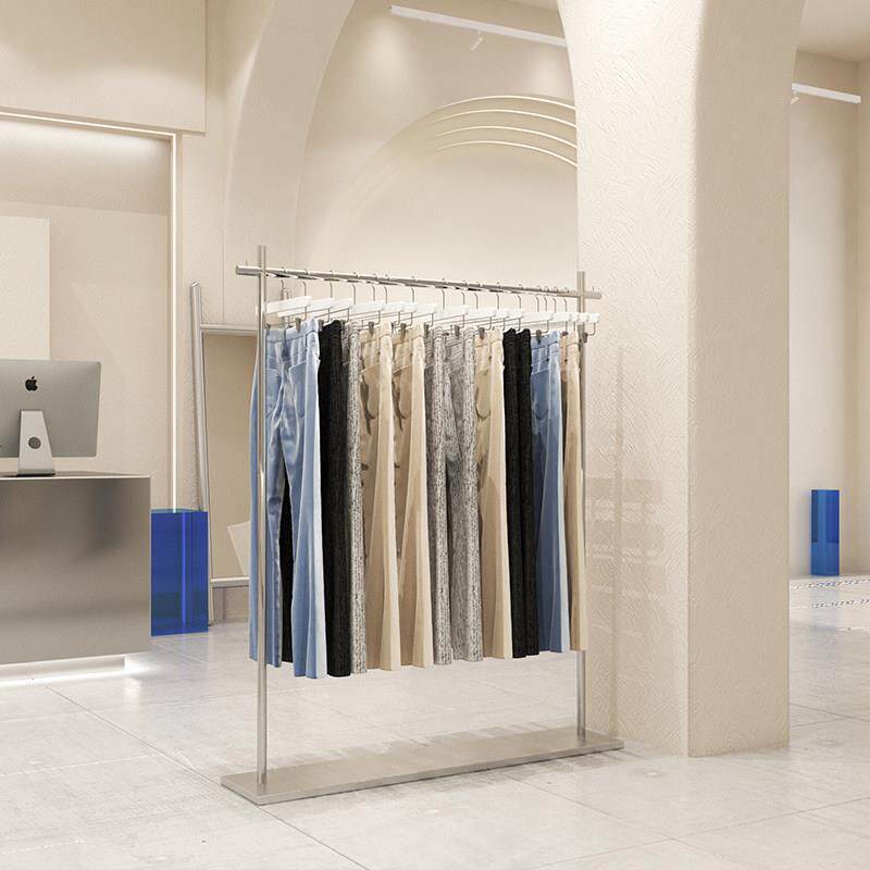 服装店展示架陈列道具侧挂女装店落地式货架不锈钢拉丝中岛挂衣架