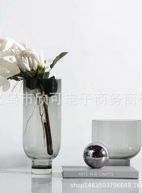灰色简约现代圆形玻璃花器客厅花艺插花装饰花瓶摆件样板间软装