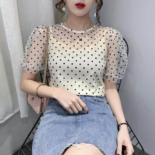 Mesh polka dot top for slimming, suspender, two short