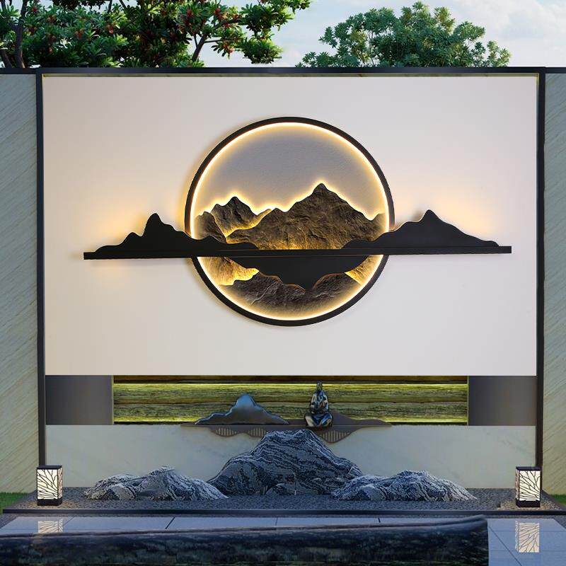 太阳能户外壁灯防水新中式别墅庭院影壁墙造景山水装饰壁画景观灯