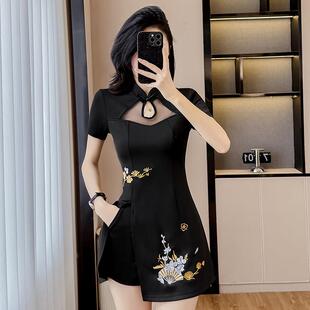 夏季新款修身显瘦新中式国风绣花上衣短裤足浴足疗技师工作服套装