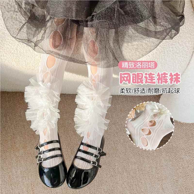 女童连裤袜2024春夏新款韩版小女孩纯色镂空网眼蝴蝶结打底裤