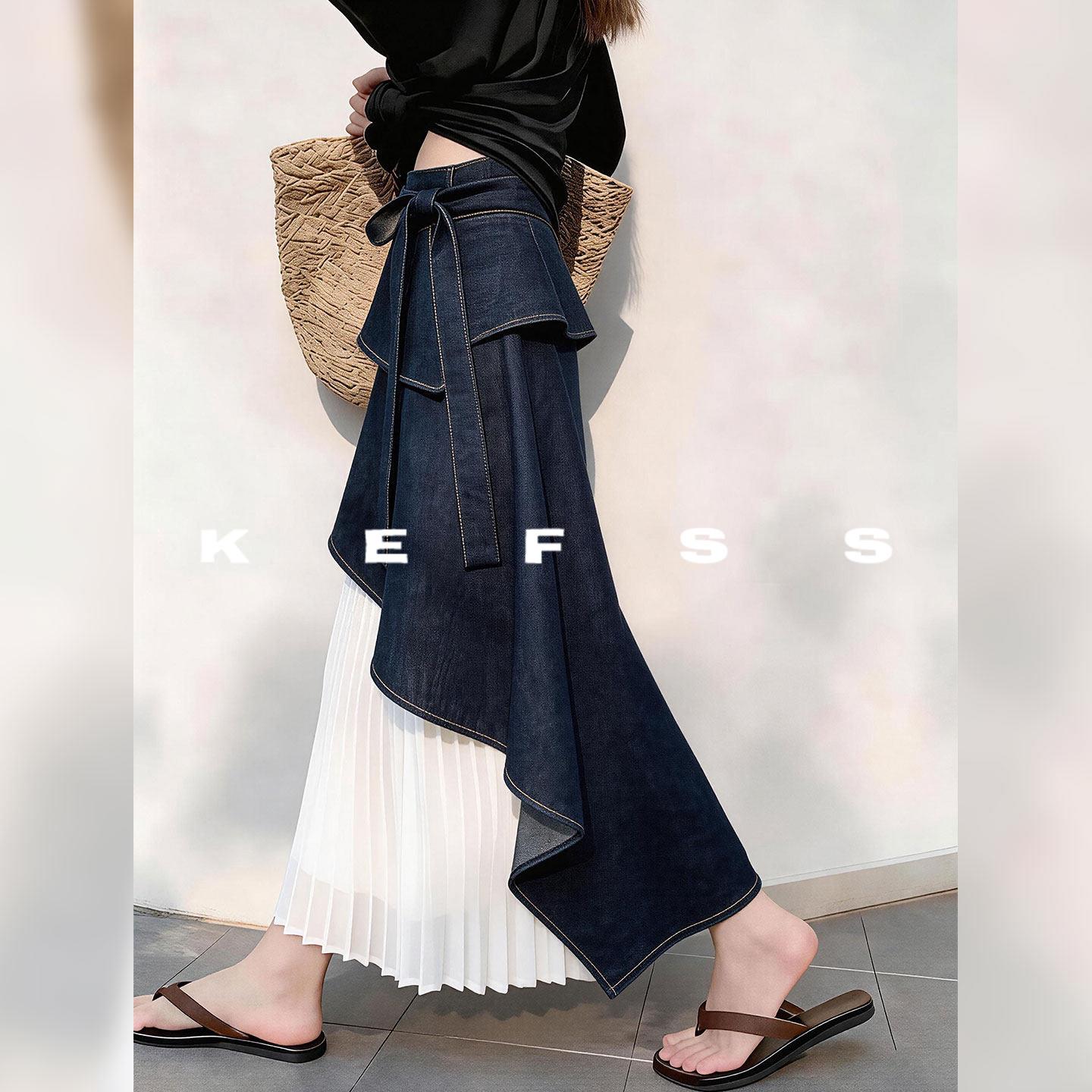 Rouje Kefss法式时尚牛仔拼接半身裙女春夏设计感不规则系带长裙