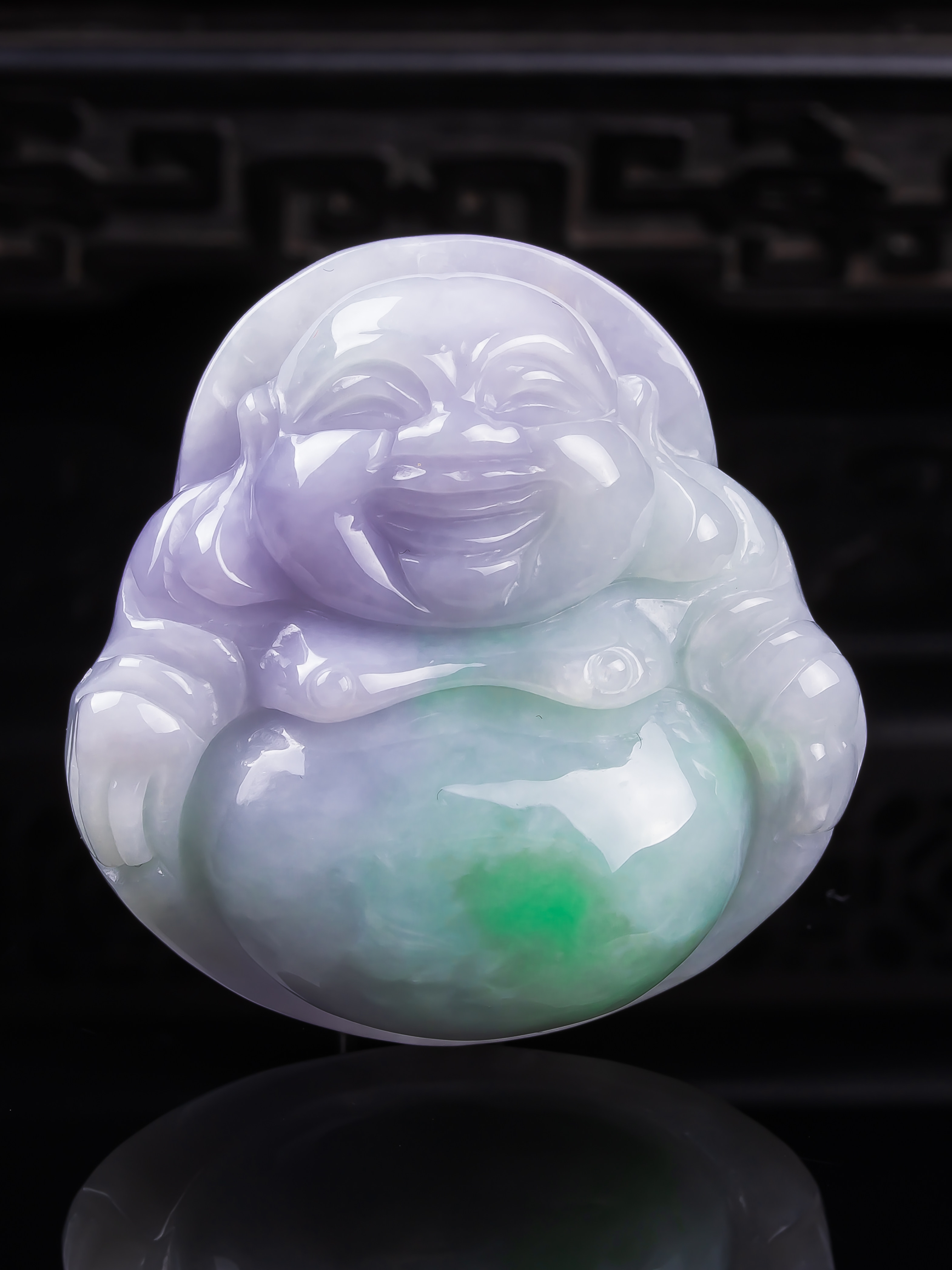 天然真品翡翠正品 冰润细腻精细冰春彩飘阳绿精雕佛公吊坠32.12g