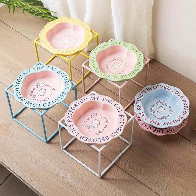 网红花边猫碗陶瓷猫咪食盆喂水碗猫罐头碗防黑下巴防打翻护颈椎支