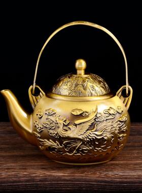 铜茶壶摆件铜麒麟茶壶摆铜茶壶大号铜龙凤茶壶提梁龙凤茶壶