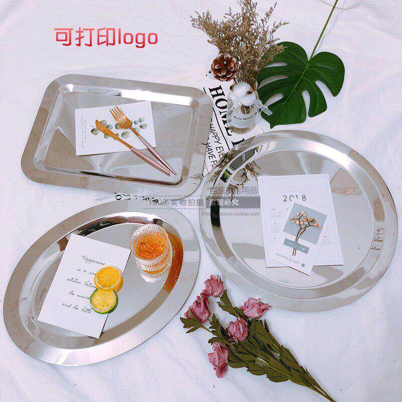 豪华不锈钢无耳镜盘长方形圆形托盘平盘水果盘自助餐镜面盘沙拉盘