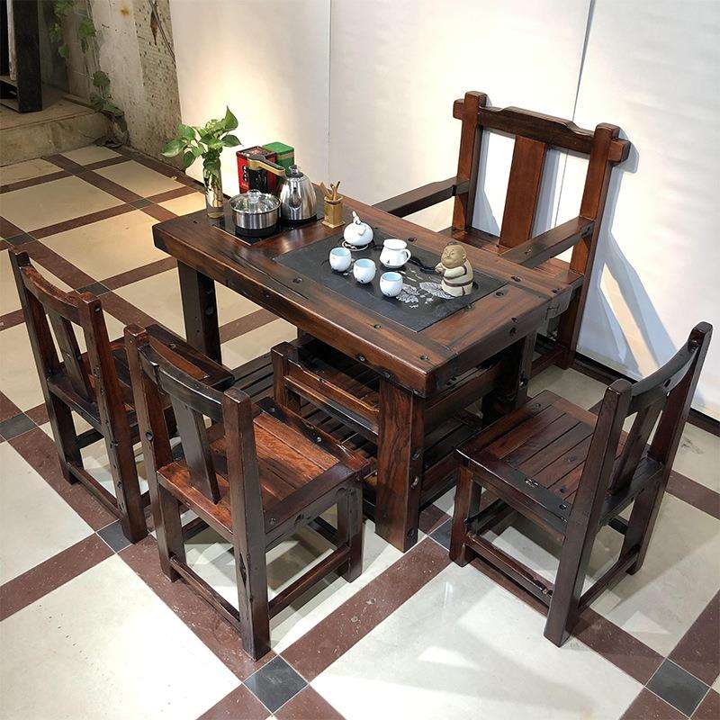 家用小茶台茶具套装烧水壶一体老船木地漏茶几茶桌椅组合中式实木