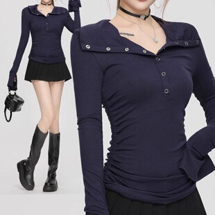 辣妹修身 性感深V领紧身短款 美式 t恤女早秋打底衫 低胸巨辣上衣 长袖