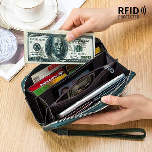 真皮RFID 女士钱包长款 头层牛皮手拿包软皮简约钱夹手机包男跨境