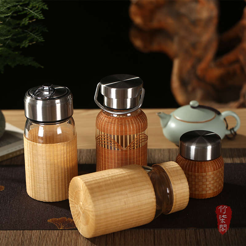 中式手工竹编竹丝茶水分离杯泡茶杯工艺品水杯防烫小水杯玻璃杯