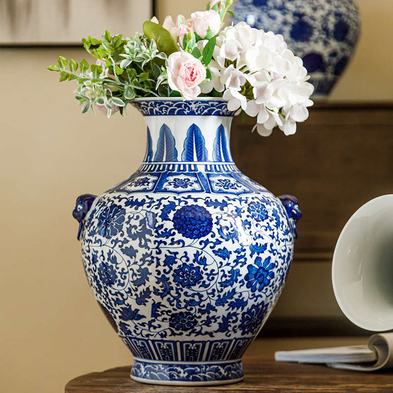 景德镇青花瓷缠枝莲陶瓷落地花瓶别墅中式陶瓷花瓶高档落地花瓶