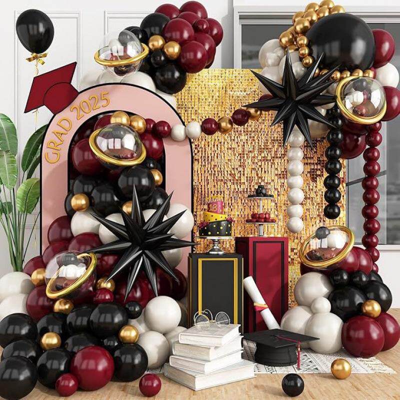 黑金色气球拱门套件红色金属气球带星星生日气球退休毕业庆典2025