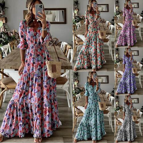 Women's collar printed large hem long dress