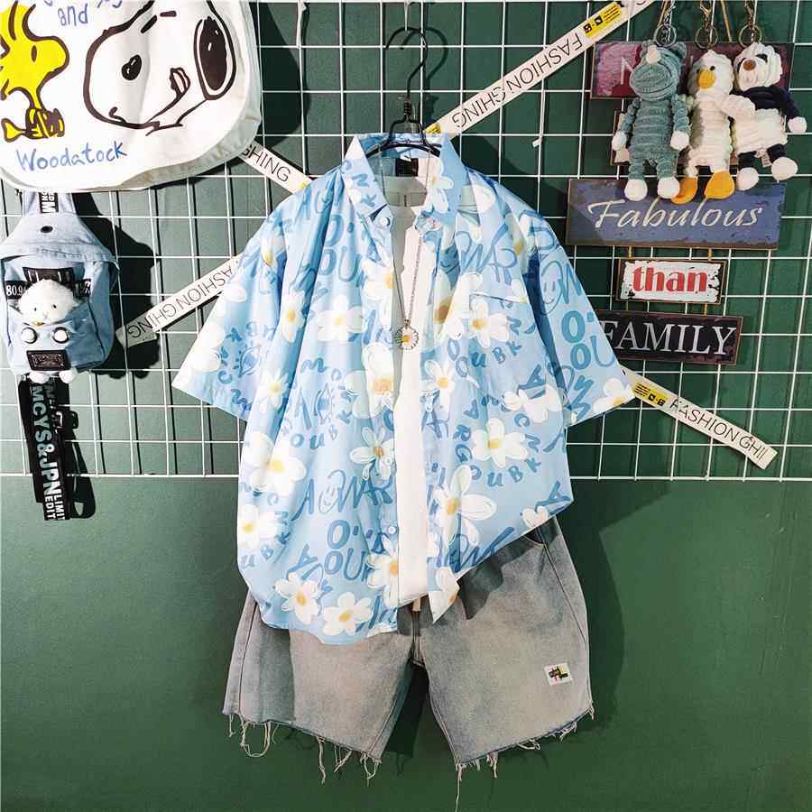 港风痞帅花衬衫男短袖夏季薄款港风复古冰丝衬衣套装男生搭配一套