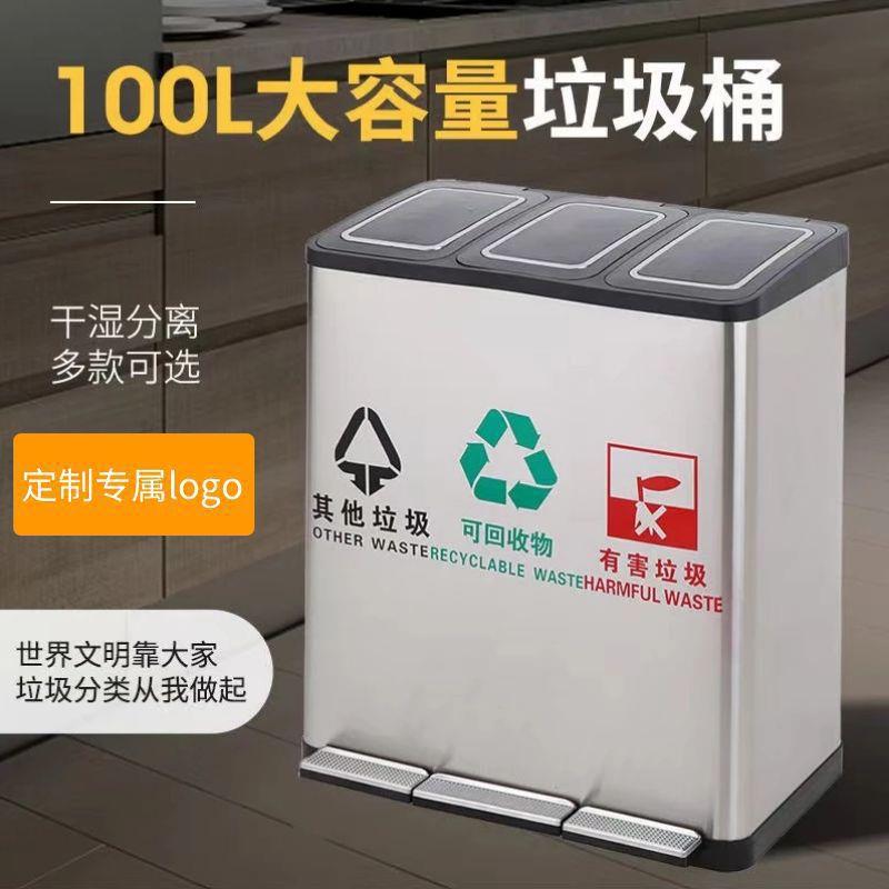 不锈钢分类垃圾桶家用环保脚踏式带盖双三分内桶户外垃圾箱桶方形