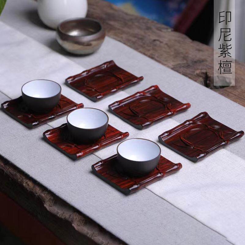 印尼紫檀雕刻竹韵款茶杯垫 规格7×8×1.1托茶垫隔热茶托茶道拖盘