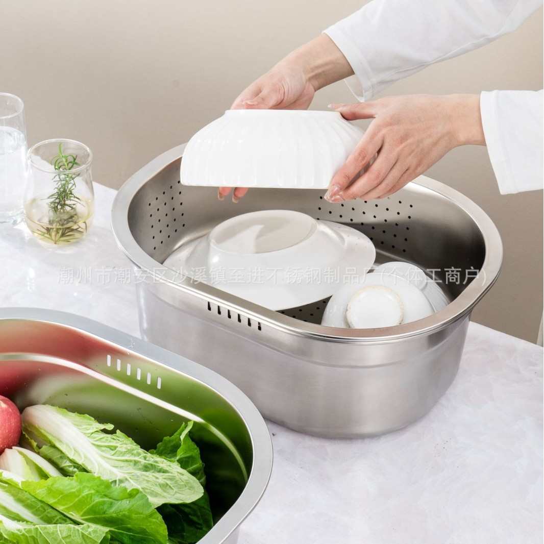 韩式椭圆冲孔不锈钢平底方盆加厚方盘自助餐加深洗菜盆蒸饭托盘