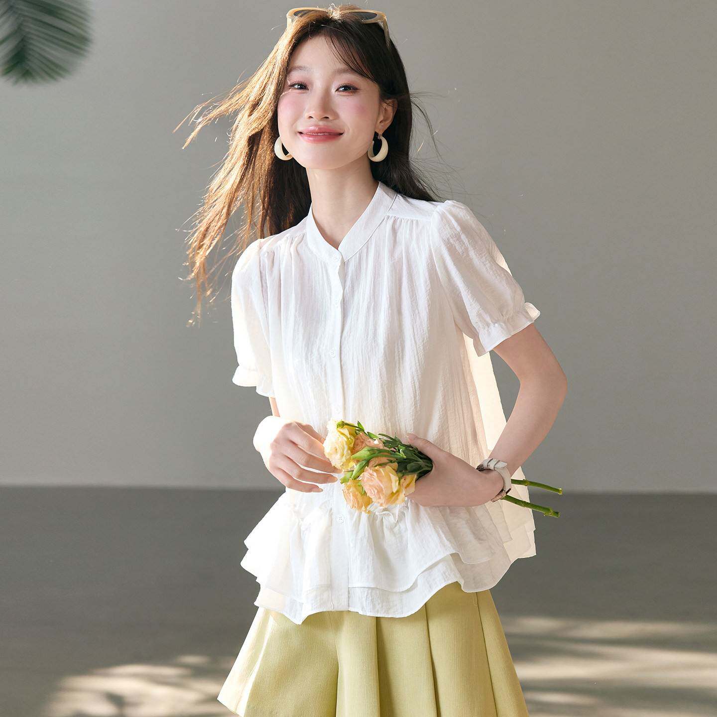 短袖衬衫女款2026夏季新款法式温柔风荷叶边上衣减龄显瘦t恤小衫