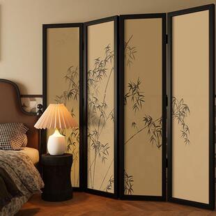 现代中式 饰布艺折屏 竹子折叠屏风隔断客厅移动遮挡复古茶室房间装