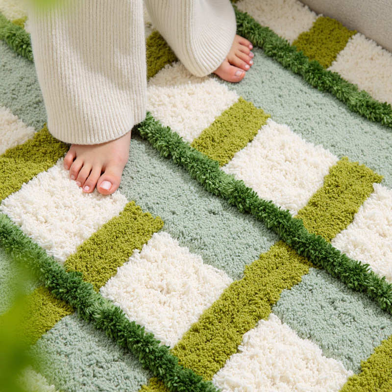 客厅地毯长条家用吸水易打理沙发茶几毯简约格子隔凉保暖植绒地毯