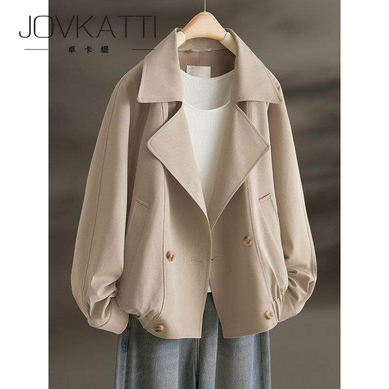 JOVKATTI春季老钱风双排扣翻领风衣宽松显瘦百搭松紧下摆短外套女